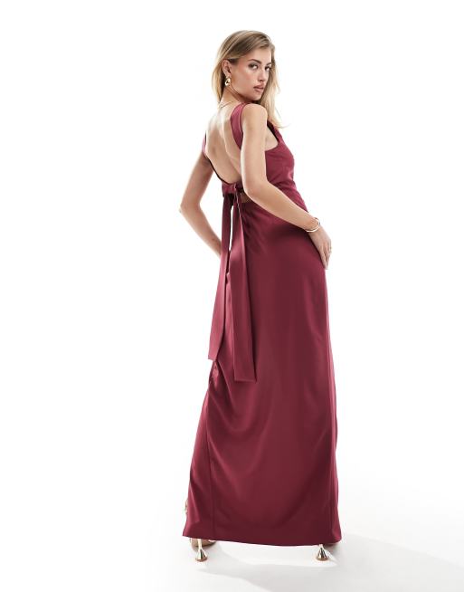 Vesper bow back thigh spilt maxi dress in burgundy