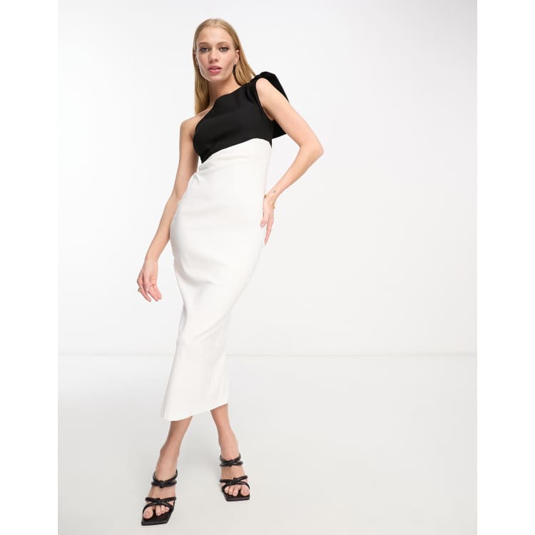 Vesper bow detail one shoulder colour block maxi dress in black and white