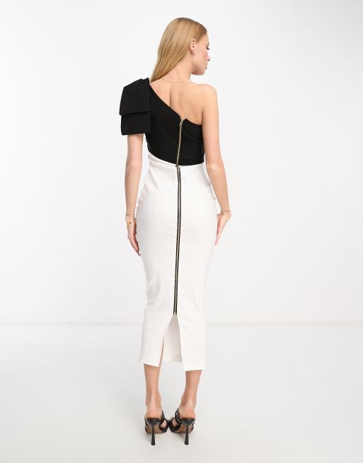 Vesper bow detail one shoulder colour block maxi dress in black and white