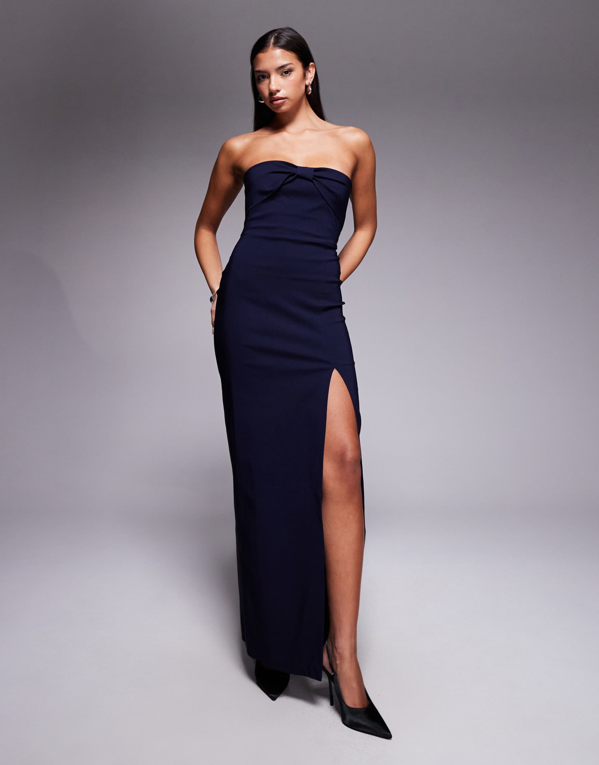 vesper bow front detail bandeau thigh slit maxi dress in navy