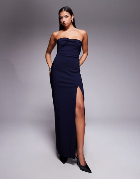 Vesper bow front detail bandeau thigh split maxi dress in navy - view 1
