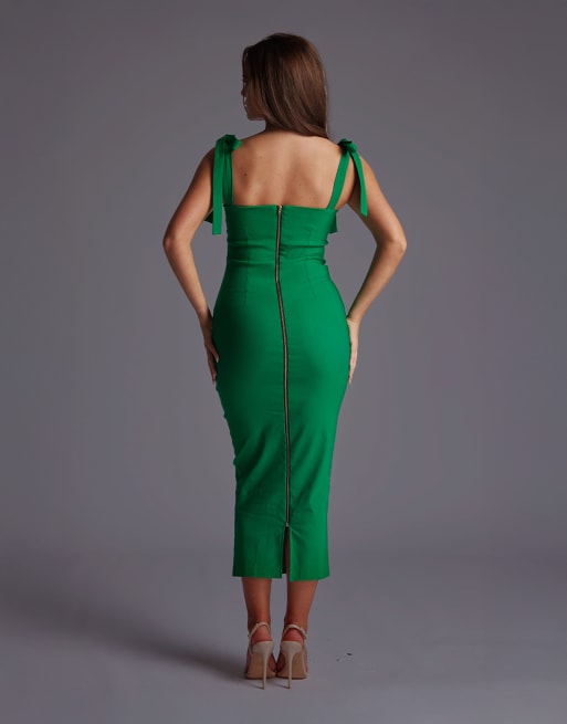 Vesper Bow tie strap bodycon midaxi dress in emerald, 2 of 4