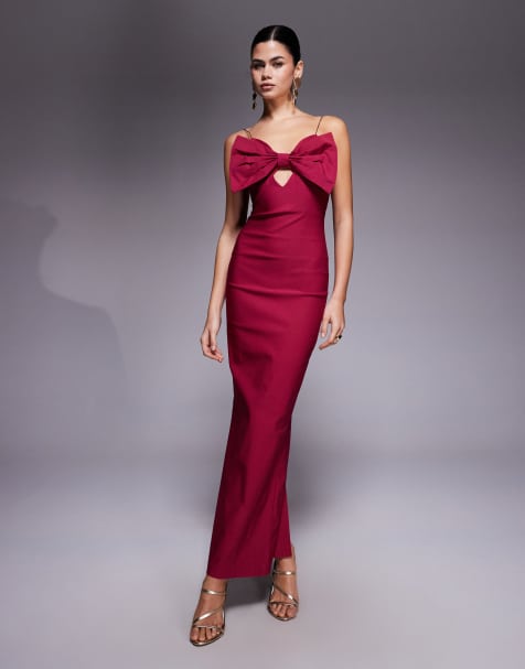 Vesper Cami strap bodycon maxi dress with bow in raspberry