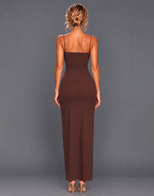 Vesper Cami strap cup detail maxi dress in chocolate, 2 of 5