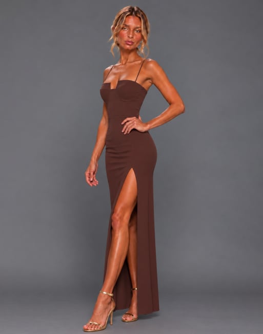 Vesper Cami strap cup detail maxi dress in chocolate, 4 of 5