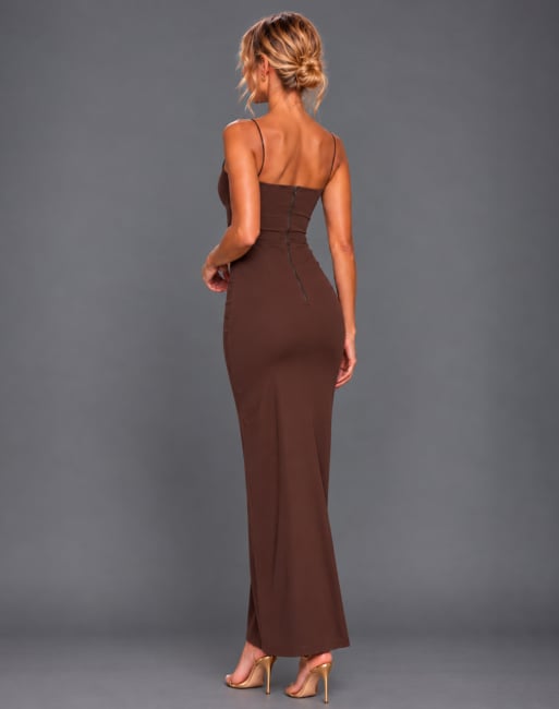 Vesper Cami strap cup detail maxi dress in chocolate, 5 of 5