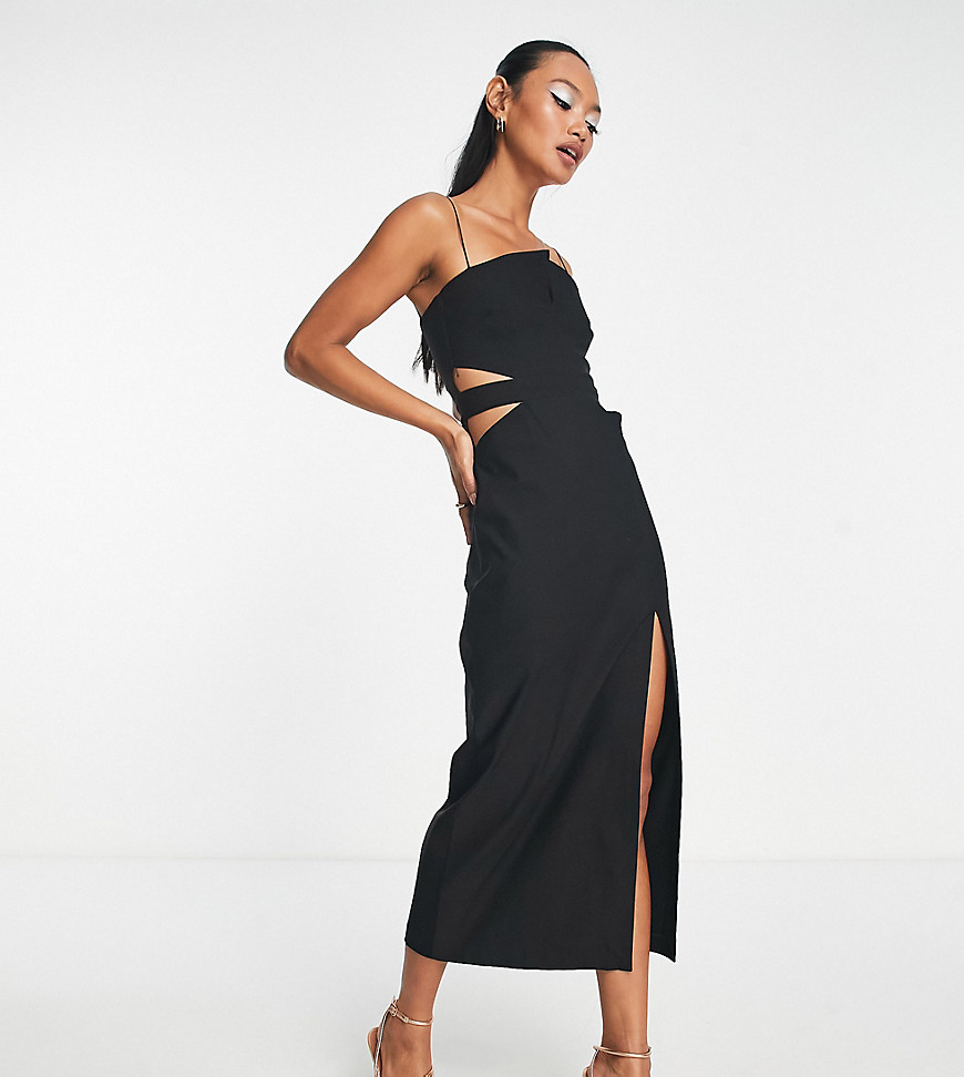 Vesper cami strap cut out waist midaxi dress with thigh split in black
