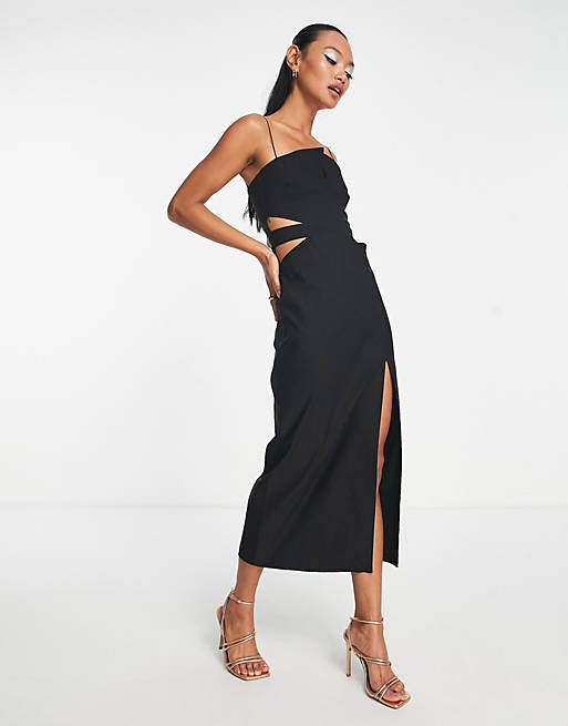 Vesper cami strap cut out waist midi dress with thigh split in black | ASOS