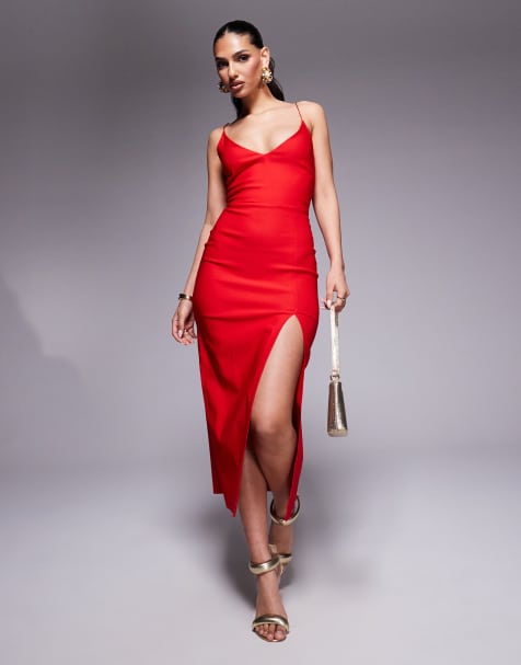 Vesper Cami strap midaxi dress with thigh split in red  - view 1