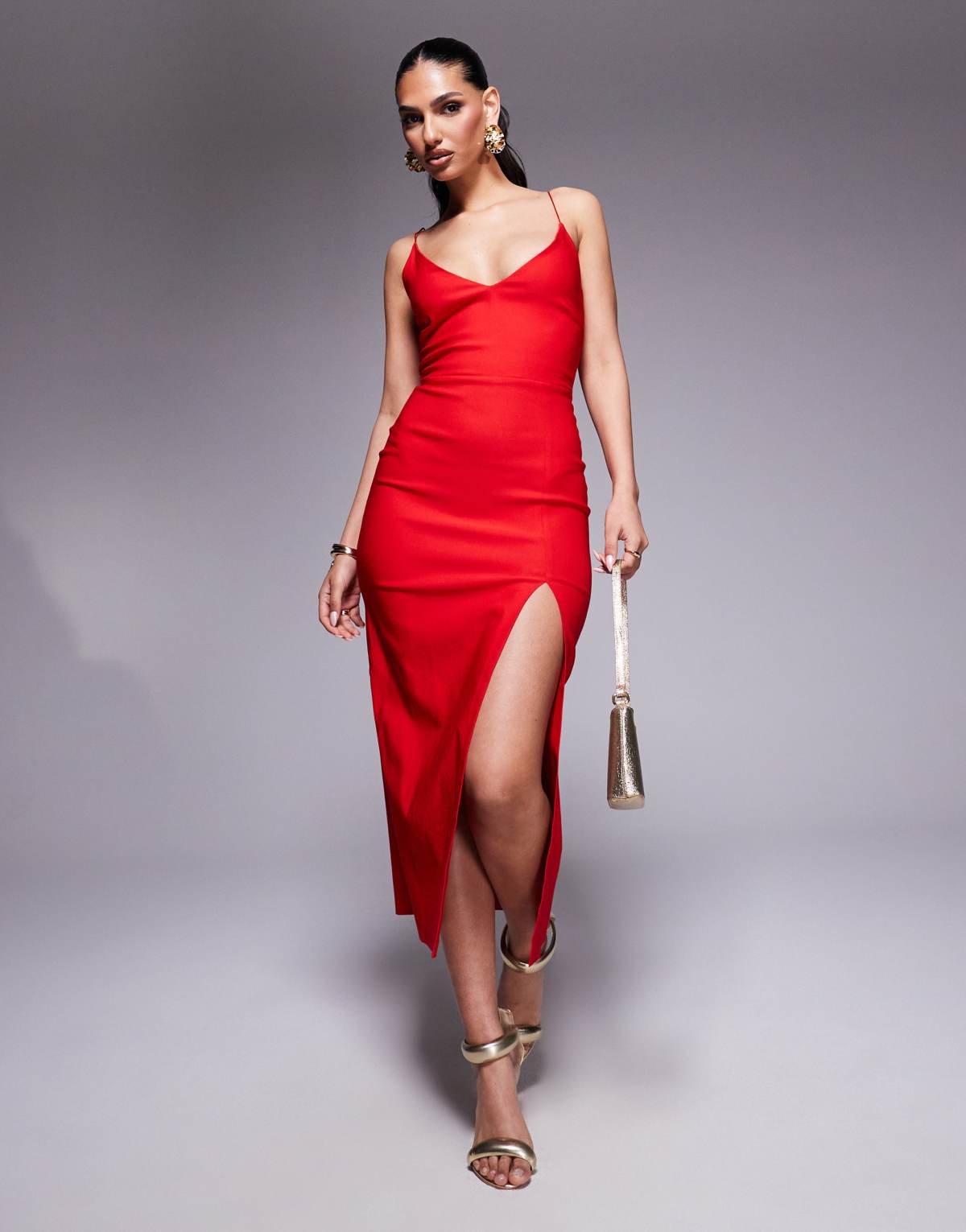 Vesper Cami strap midaxi dress with thigh split in red