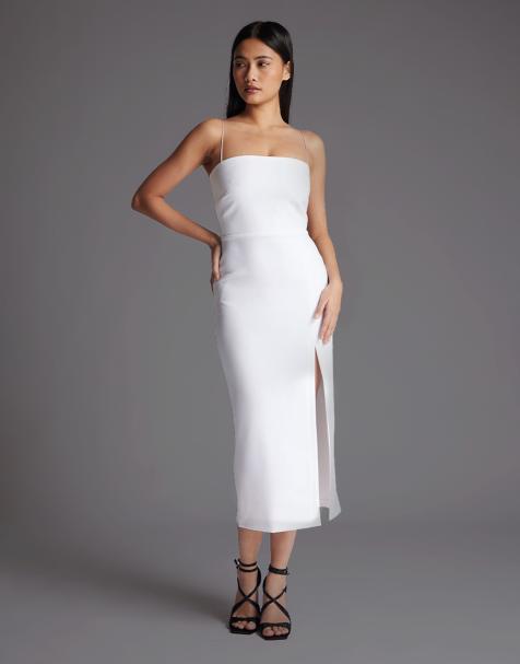 Vesper Cami strap midaxi dress with thigh split in white