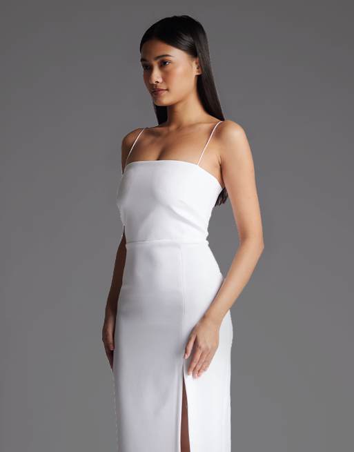 Vesper Cami strap midaxi dress with thigh split in white, 3 of 4