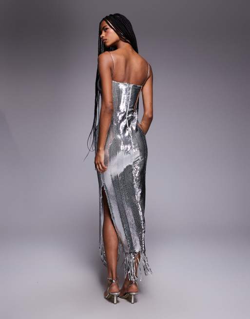 Vesper Cami strap square neck sequin midaxi dress in silver, 4 of 4