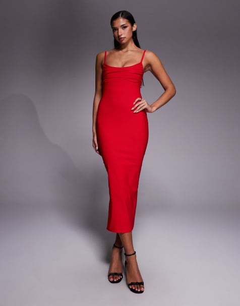 Vesper – Camisole-Midaxikleid aus Bengaline in Rot mit geraffter Brustpartie und Riemchen-Trägern - view 1