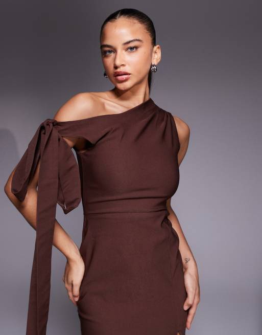 Vesper - Chokoladebrun offshoulder-maxikjole med draperet detalje i bengalin, 2 af 4