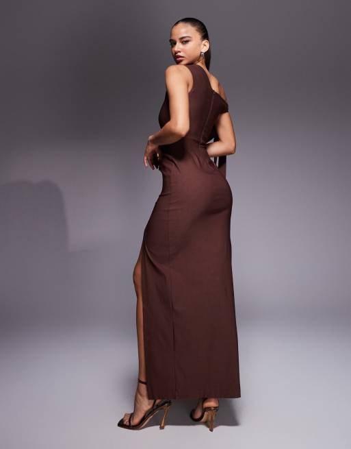 Vesper - Chokoladebrun offshoulder-maxikjole med draperet detalje i bengalin, 3 af 4