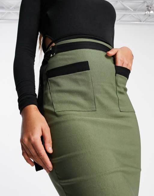 Vesper contrast detail midi pencil skirt in khaki