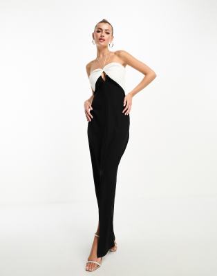 Vesper contrast halterneck maxi dress in black and white