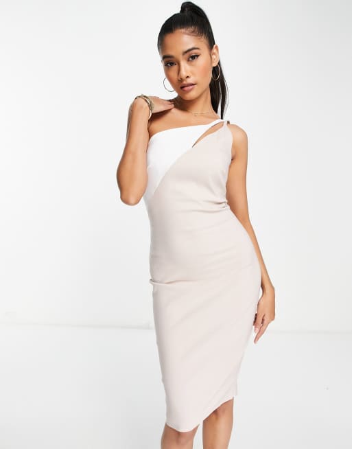 Vesper contrast midi dress in stone and white