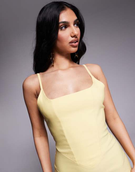 Vesper Corset detail bodycon midaxi dress in lemon , 3 of 4