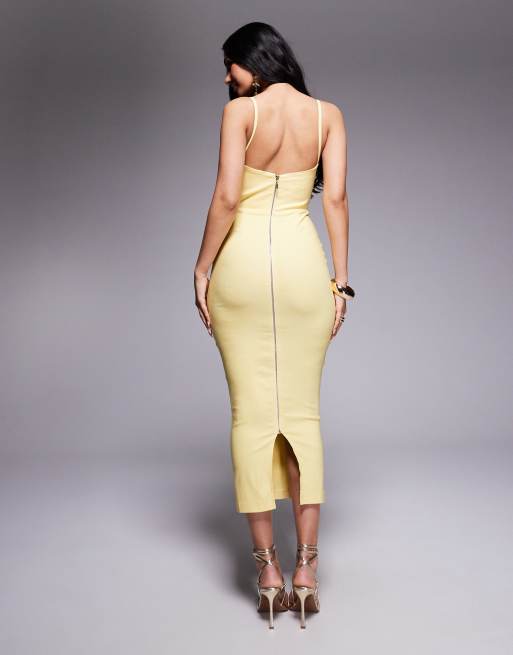 Vesper Corset detail bodycon midaxi dress in lemon , 4 of 4