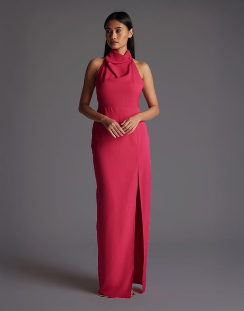 Vesper Cowl neck open back maxi dress with thigh split in cerise - view 1