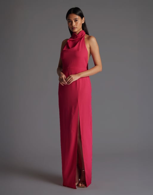 Vesper Cowl neck open back maxi dress with thigh split in cerise, 3 of 4