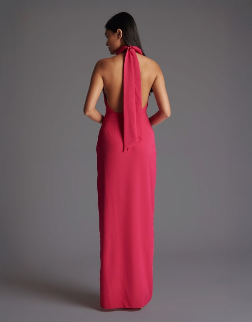 Vesper Cowl neck open back maxi dress with thigh split in cerise, 4 of 4