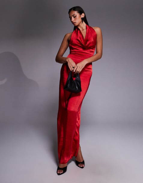 Vesper Cowl neck open back satin maxi dress in red