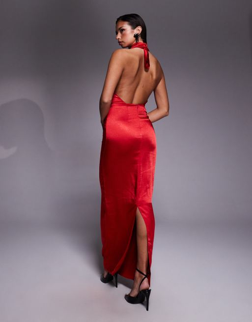 Vesper Cowl neck open back satin maxi dress in red | ASOS