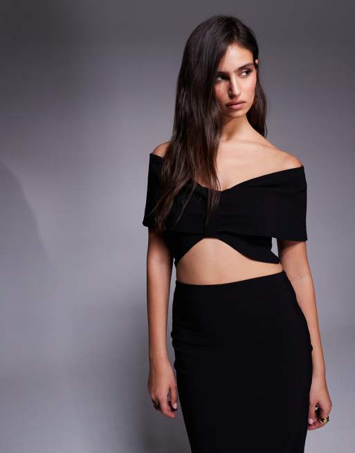 Vesper - Coordinato con gonna lunga e crop top con spalle scoperte in bengalina nero attorcigliato davanti, 2 di 3