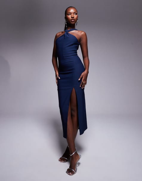 Vesper Cross Neck Midaxi Dress in Navy