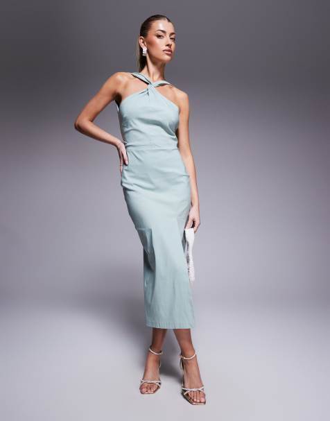Vesper cross neck midaxi dress with thigh split in sage - view 1