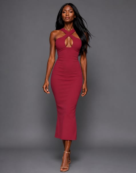 Vesper Cross strap bodycon midaxi dress in raspberry - view 1