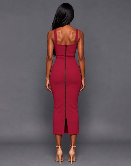 Vesper Cross strap bodycon midaxi dress in raspberry, 2 of 5