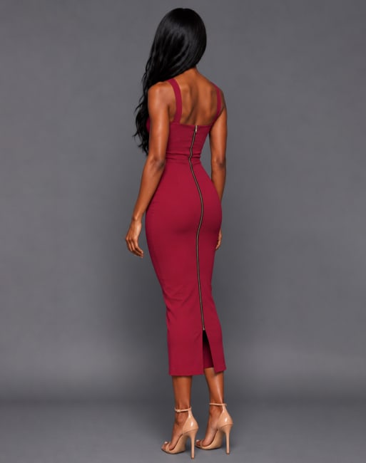 Vesper Cross strap bodycon midaxi dress in raspberry, 5 of 5