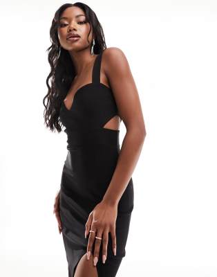 cut-out detail front slit midi dress in black