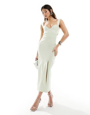 Vesper Cut Out Detail Front Split Midaxi Dress In Sage Green