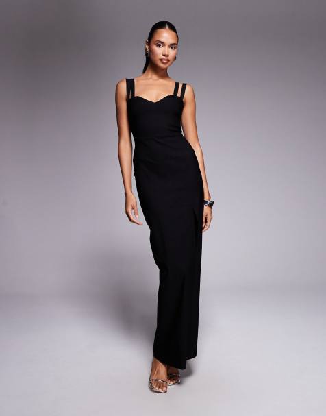 Vesper bengaline strappy sweetheart neck maxi dress in black