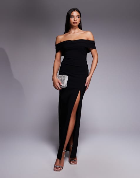Vesper bengaline cross front off shoulder maxi dress in black