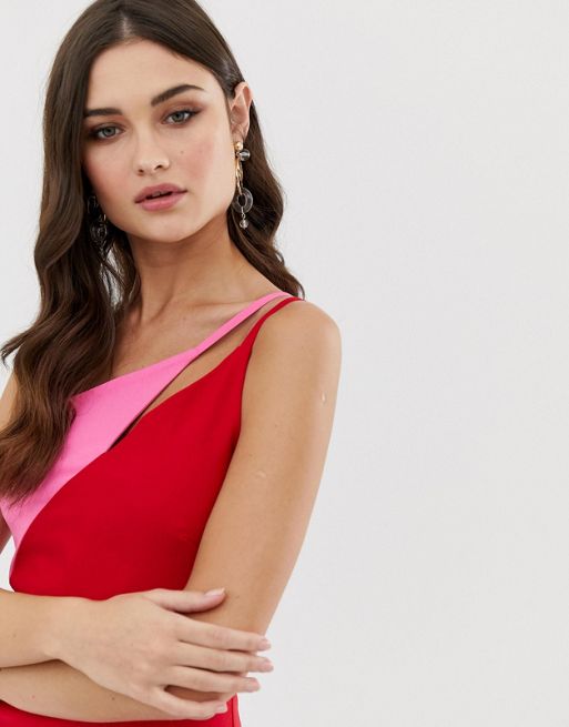 Vesper – Czerwona, ołówkowa sukienka midi na ramiączkach z kontrastującą  wstawką w kolorze różowym | ASOS