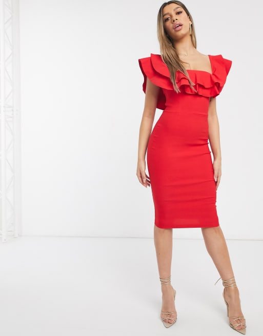 Vesper – Czerwona sukienka midi z dekoltem bardot