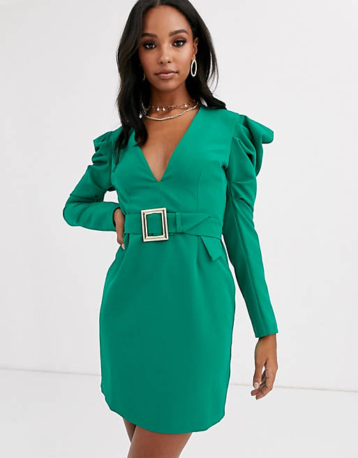 Vesper deep plunge midi dress with statement shoulder in emerald green