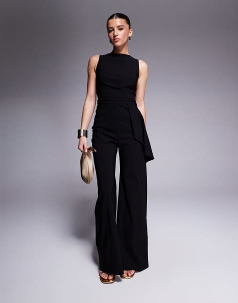 Vesper drape side detail wide leg jumpsuit in black - view 1