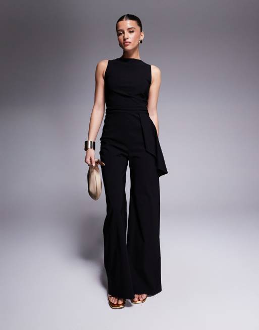Vesper drape side detail wide leg jumpsuit in black