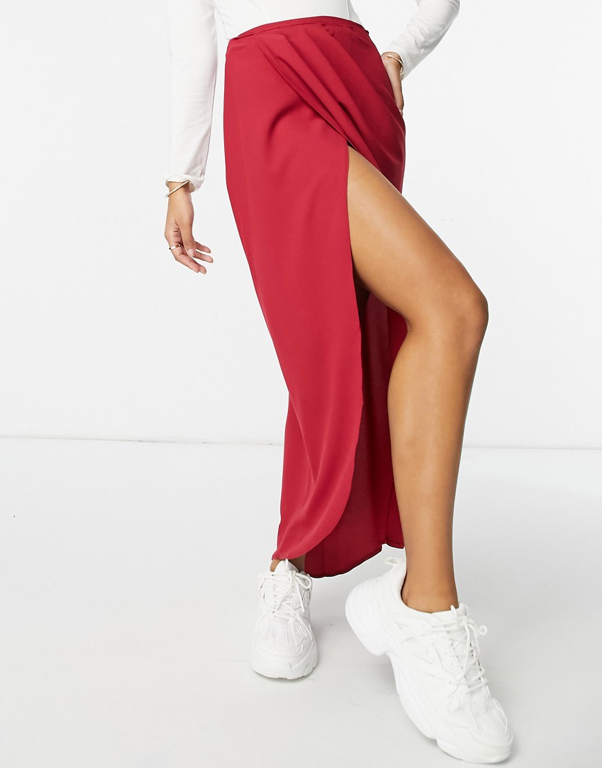Vesper drape wrap maxi skirt in deep raspberry-Red