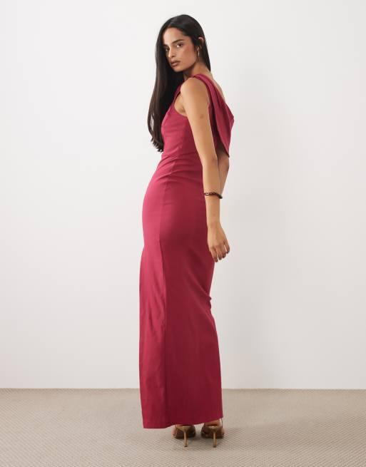 Vesper draped off the shoulder bengaline maxi dress in raspberry, 4 of 4