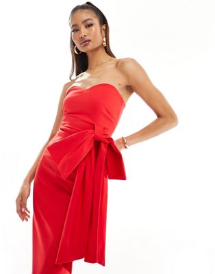 Vesper Exclusive Bandeau Oversized Bow Maxi Dress In Red