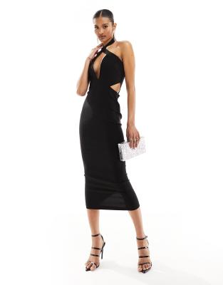 Vesper exclusive cross front plunge bodycon midaxi dress in black φωτογραφία