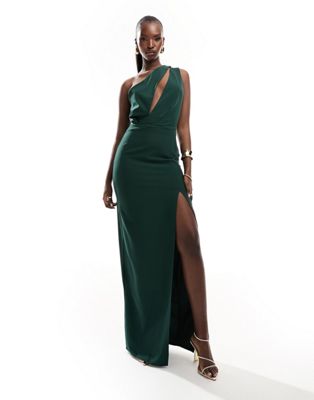 exclusive one shoulder cut out detail front spilt maxi dress in forest green